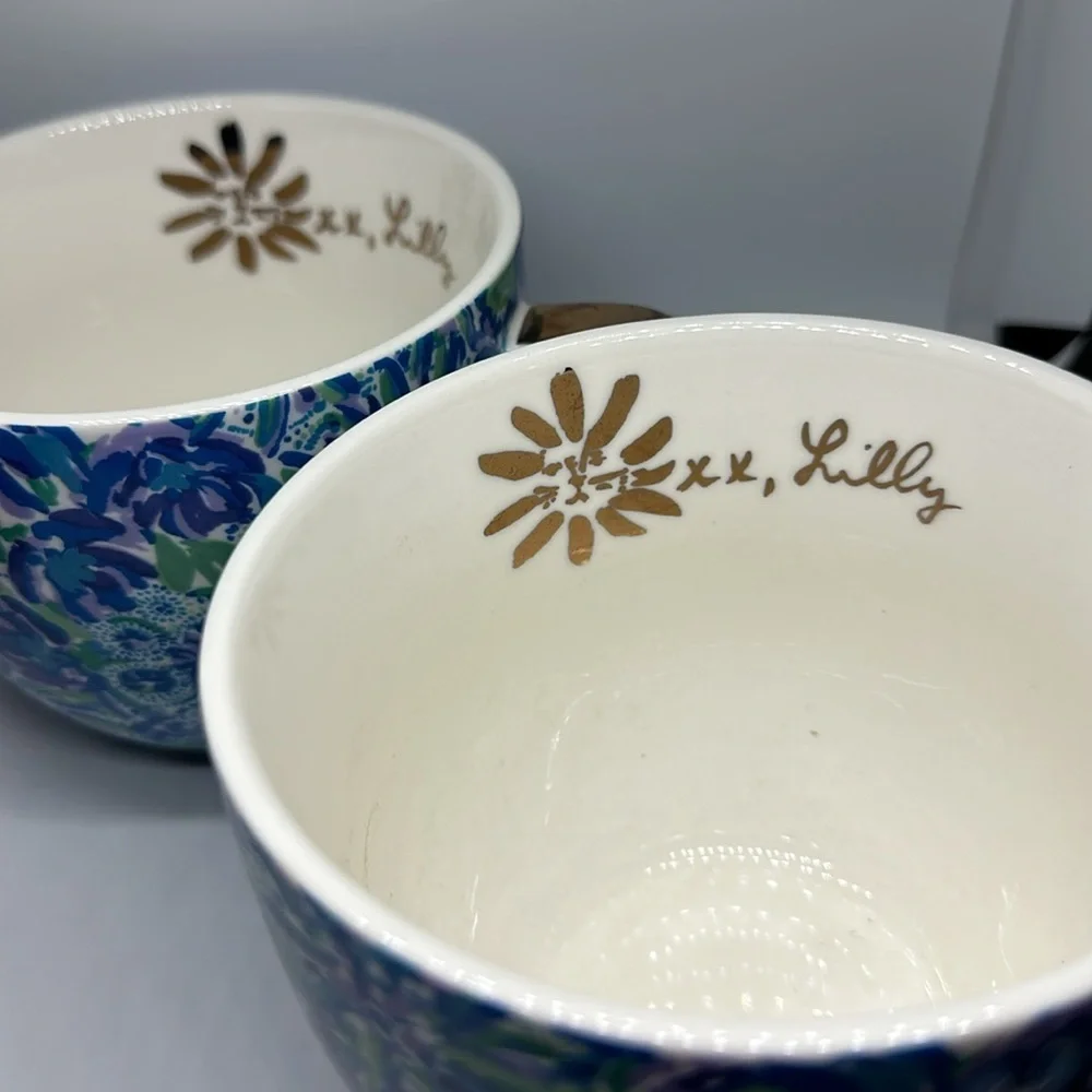 COPY - Extra Lg Set o/2 Lilly Pulitzer Ceramic Cups Blue/Purple/Green w/Golden …